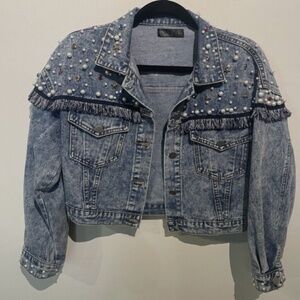 Designer Statement Denim Jean Jacket with Bling, Pearls & Gems